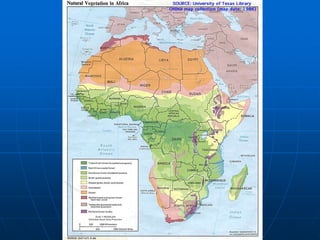 Africa – Climas e Vegetações Devido ao fato de ser cortada ao meio pela linha do Equador, a África repete para o norte e para o sul os climas e vegetaçõesSão eles: A) Clima Equatorial : Floresta Equatorial (Chuvosa e Quente, fechada e alta, heterogênea e latifoliada)B) Clima Tropical : Savanas  (arbustiva média e aberta)C) Clima Semi-Árido: Estepes (rasteira)D) Clima Desértico: XerófitasSAARA (ao sul) e Kaalahari e Namíbia(ao sudoeste)E) Clima Mediterrâneo: Vegetação Mediterrânea (arbustiva)F) Clima de Montanha : Tundra
