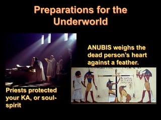 Preparations for the
             Underworld

                    ANUBIS weighs the
                    dead person’s heart
                    against a feather.



Priests protected
your KA, or soul-
spirit
 