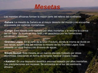 Mesetas
Las mesetas africanas forman la mayor parte del relieve del continente.
•Sahara: La meseta de Sahara es el mayor desierto del mundo y se encuentra
atravesada por cadenas montañosas.
•Congo: Esta meseta está rodeada por altas montañas y la recorre la cuenca
del río Zaire. Su suelo es muy fértil y se caracteriza por las formaciones
selváticas y boscosas.
•Grandes Lagos: En la zona de la Gran Fractura, donde la misma se divide en
dos ramas, surge entre las mismas la meseta de los Grandes Lagos. Esta
presenta un clima fresco y es divisoria de aguas.
•Etíope-Somalí: Esta meseta es un macizo elevado rodeado por áreas
deprimidas. Desciende en forma de terrazas hacia el Océano Índico.
• Kalahari: Es una depresión desértica arenosa rodeada por altas montañas.
Las precipitaciones son escasas. Se encuentra en el sur del continente
africano.
 