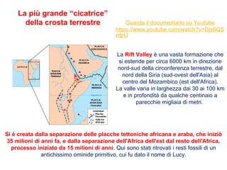 Si è creata dalla separazione delle placche tettoniche africana e araba, che iniziò
35 milioni di anni fa, e dalla separazione dell'Africa dell'est dal resto dell'Africa,
processo iniziato da 15 milioni di anni. Qui sono stati ritrovati i resti fossili di un
antichissimo ominide primitivo, cui fu dato il nome di Lucy.
Guarda il documentario su Youtube
https://www.youtube.com/watch?v=Djs6QS
rrlpU
La più grande “cicatrice”
della crosta terrestre
La Rift Valley è una vasta formazione che
si estende per circa 6000 km in direzione
nord-sud della circonferenza terrestre, dal
nord della Siria (sud-ovest dell'Asia) al
centro del Mozambico (est dell'Africa).
La valle varia in larghezza dai 30 ai 100 km
e in profondità da qualche centinaio a
parecchie migliaia di metri.
 