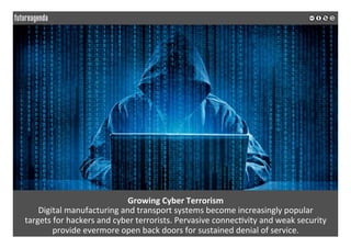 Growing	Cyber	Terrorism	
Digital	manufacturing	and	transport	systems	become	increasingly	popular		
targets	for	hackers	and	cyber	terrorists.	Pervasive	connec*vity	and	weak	security	
provide	evermore	open	back	doors	for	sustained	denial	of	service.	
	
	
 