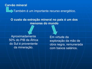 Carvão mineral
     Também é um importante recurso energético.

   O custo da extração mineral no país é um dos
                menores do mundo



   Aproximadamente           Em virtude da
  50% do PIB da África       exploração da mão de
  do Sul é proveniente       obra negra, remunerada
     da mineração.           com baixos salários.
 