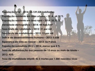 População total – 2014: 53.139.528 habitantes
População residente em área urbana – 2014: 64,30 %
População residente em área rural – 2014: 35,70 %
Densidade demográfica – 2014: 44 hab/km²
Taxa bruta de natalidade – 2012: 21 por mil
Taxa bruta de mortalidade – 2012: 13 por mil
Índice de desenvolvimento humano – 2013: 0,658
Esperança de vida ao nascer – 2013: 56,9 anos
População subnutrida 2012 – 2014: menor que 5 %
Taxa de alfabetização das pessoas de 15 anos ou mais de idade –
2012: 93%
Taxa de mortalidade infantil: 42.5 mortes por 1.000 nascidos vivos
 