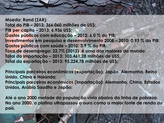 Moeda: Rand (ZAR);
Total do PIB – 2013: 366.060 milhões de US$;
PIB per capita – 2013: 6.936 US$;
Gastos públicos com educação – 2012: 6,0 % do PIB;
Investimentos em pesquisa e desenvolvimento 2008 – 2010: 0,93 % do PIB;
Gastos públicos com saúde – 2010: 3,9 % do PIB;
Taxa de desemprego: 22,7% (2012) é uma das maiores do mundo;
Total da importação – 2013: 103.461,28 milhões de US$;
Total da exportação – 2013: 95.224,78 milhões de US$;
Principais parceiros econômicos (exportação): Japão, Alemanha, Reino
Unido, China e Holanda;
Principais parceiros econômicos (importação): Alemanha, China, Estados
Unidos, Arábia Saudita e Japão;
Até o ano 2000 metade da população vivia abaixo da linha de pobreza.
No ano 2000, a platina ultrapassou o ouro como a maior fonte de renda do
país.
 