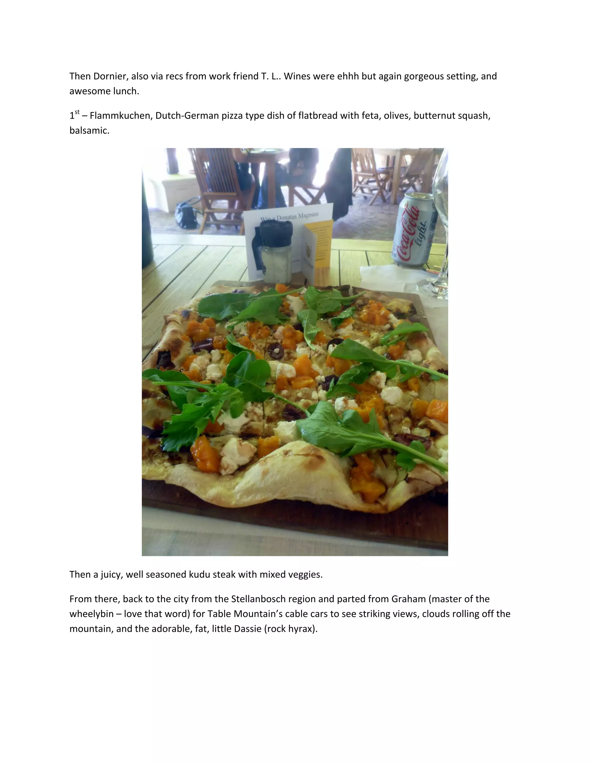 Then&nbsp;Dornier,&nbsp;also&nbsp;via&nbsp;recs&nbsp;from&nbsp;work&nbsp;friend&nbsp;T.&nbsp;L..&nbsp;Wines&nbsp;were&nbsp;ehhh&nbsp;but&nbsp;again&nbsp;gorgeous&nbsp;setting,&nbsp;and&nbsp;
awesome&nbsp;lunch.&nbsp;

1st&nbsp;&ndash;&nbsp;Flammkuchen,&nbsp;Dutch‐German&nbsp;pizza&nbsp;type&nbsp;dish&nbsp;of&nbsp;flatbread&nbsp;with&nbsp;feta,&nbsp;olives,&nbsp;butternut&nbsp;squash,&nbsp;
balsamic.&nbsp;&nbsp;




                                                                                          &nbsp;

Then&nbsp;a&nbsp;juicy,&nbsp;well&nbsp;seasoned&nbsp;kudu&nbsp;steak&nbsp;with&nbsp;mixed&nbsp;veggies.&nbsp;&nbsp;

From&nbsp;there,&nbsp;back&nbsp;to&nbsp;the&nbsp;city&nbsp;from&nbsp;the&nbsp;Stellanbosch&nbsp;region&nbsp;and&nbsp;parted&nbsp;from&nbsp;Graham&nbsp;(master&nbsp;of&nbsp;the&nbsp;
wheelybin&nbsp;&ndash;&nbsp;love&nbsp;that&nbsp;word)&nbsp;for&nbsp;Table&nbsp;Mountain&rsquo;s&nbsp;cable&nbsp;cars&nbsp;to&nbsp;see&nbsp;striking&nbsp;views,&nbsp;clouds&nbsp;rolling&nbsp;off&nbsp;the&nbsp;
mountain,&nbsp;and&nbsp;the&nbsp;adorable,&nbsp;fat,&nbsp;little&nbsp;Dassie&nbsp;(rock&nbsp;hyrax).&nbsp;

&nbsp;

&nbsp;
 