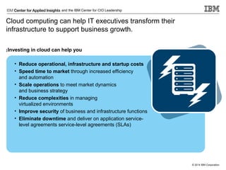and the IBM Center for CIO Leadership

Cloud computing can help IT executives transform their
infrastructure to support business growth.
: Investing in cloud can help you
• Reduce operational, infrastructure and startup costs
• Speed time to market through increased efficiency
and automation
• Scale operations to meet market dynamics
and business strategy
• Reduce complexities in managing
virtualized environments
• Improve security of business and infrastructure functions
• Eliminate downtime and deliver on application servicelevel agreements service-level agreements (SLAs)

© 2014 IBM Corporation

 