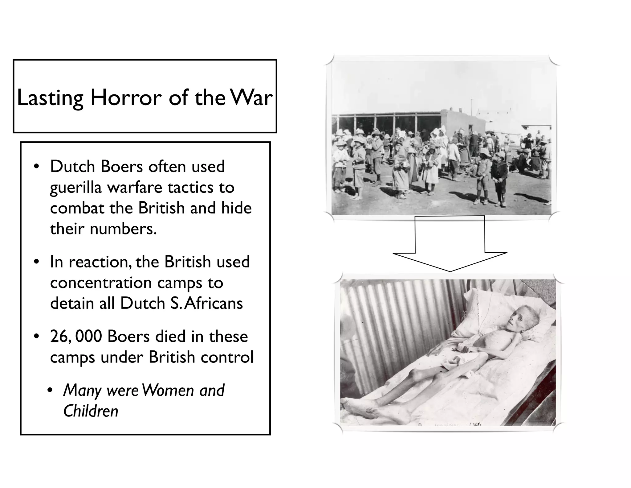 Lasting Horror of the War
• Dutch Boers often used
guerilla warfare tactics to
combat the British and hide
their numbers.
• In reaction, the British used
concentration camps to
detain all Dutch S.Africans
• 26, 000 Boers died in these
camps under British control
• Many wereWomen and
Children
 