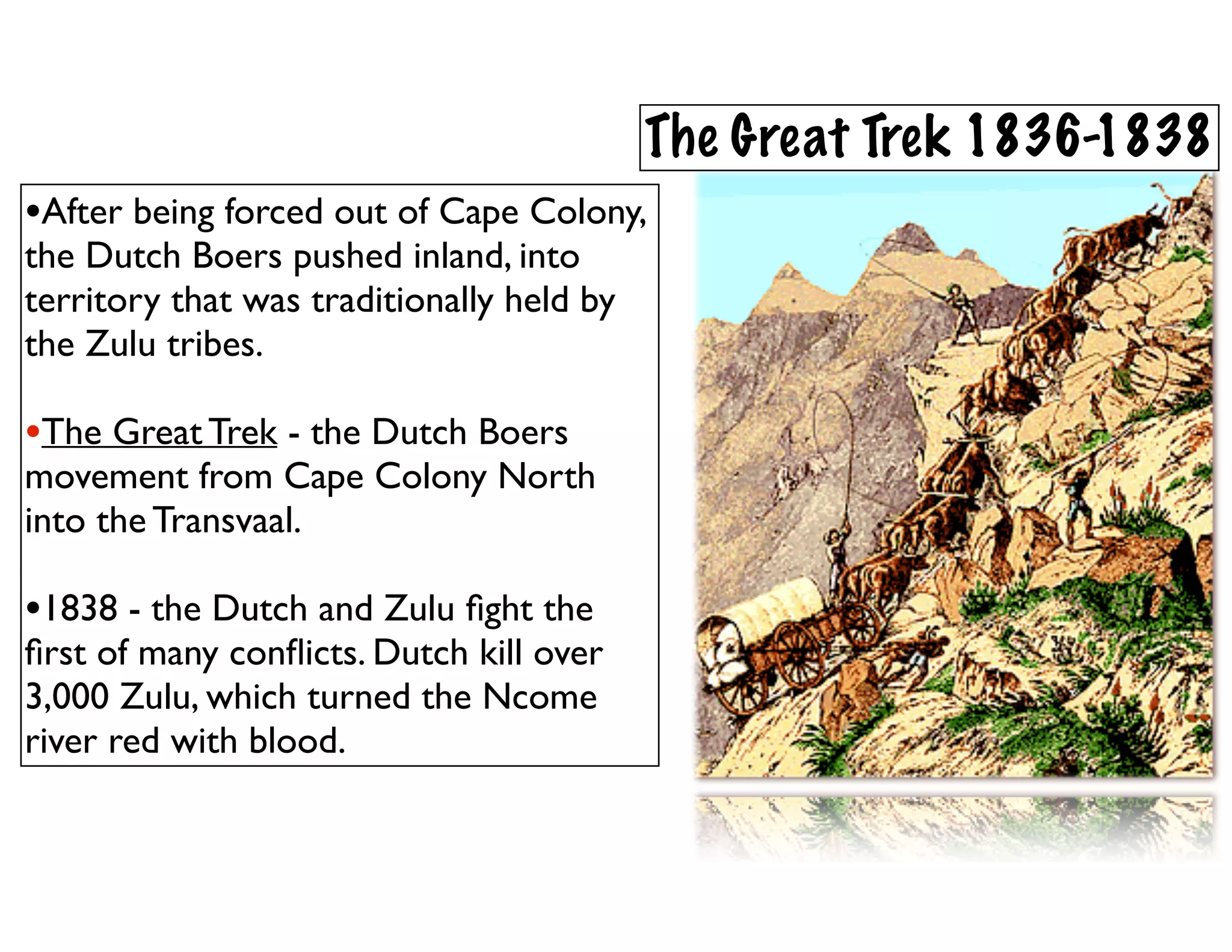 •After being forced out of Cape Colony,
the Dutch Boers pushed inland, into
territory that was traditionally held by
the Zulu tribes.
•The Great Trek - the Dutch Boers
movement from Cape Colony North
into the Transvaal.
•1838 - the Dutch and Zulu ﬁght the
ﬁrst of many conﬂicts. Dutch kill over
3,000 Zulu, which turned the Ncome
river red with blood.
The Great Trek 1836-1838
 