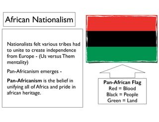 African Nationalism
Nationalists felt various tribes had
to unite to create independence
from Europe - (Us versus Them
mentality)
Pan-Africanism emerges -
Pan-Africanism is the belief in
unifying all of Africa and pride in
african heritage.
Pan-African Flag
Red = Blood
Black = People
Green = Land
 