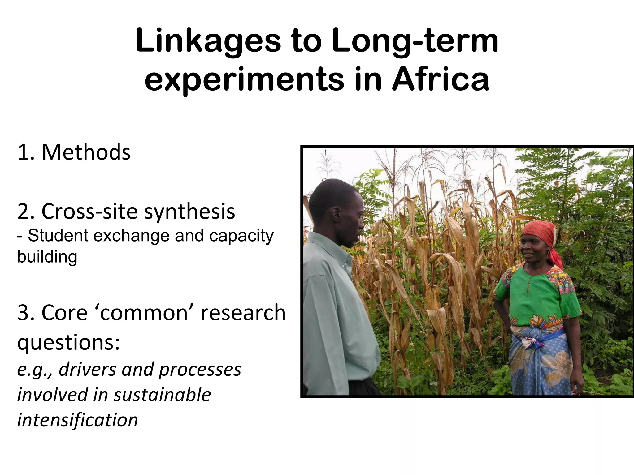 Linkages to Long-term experiments in Africa 1. Methods  2. Cross-site synthesis -  Student exchange and capacity building 3. Core ‘common’ research questions: e.g., drivers and processes involved in sustainable intensification 