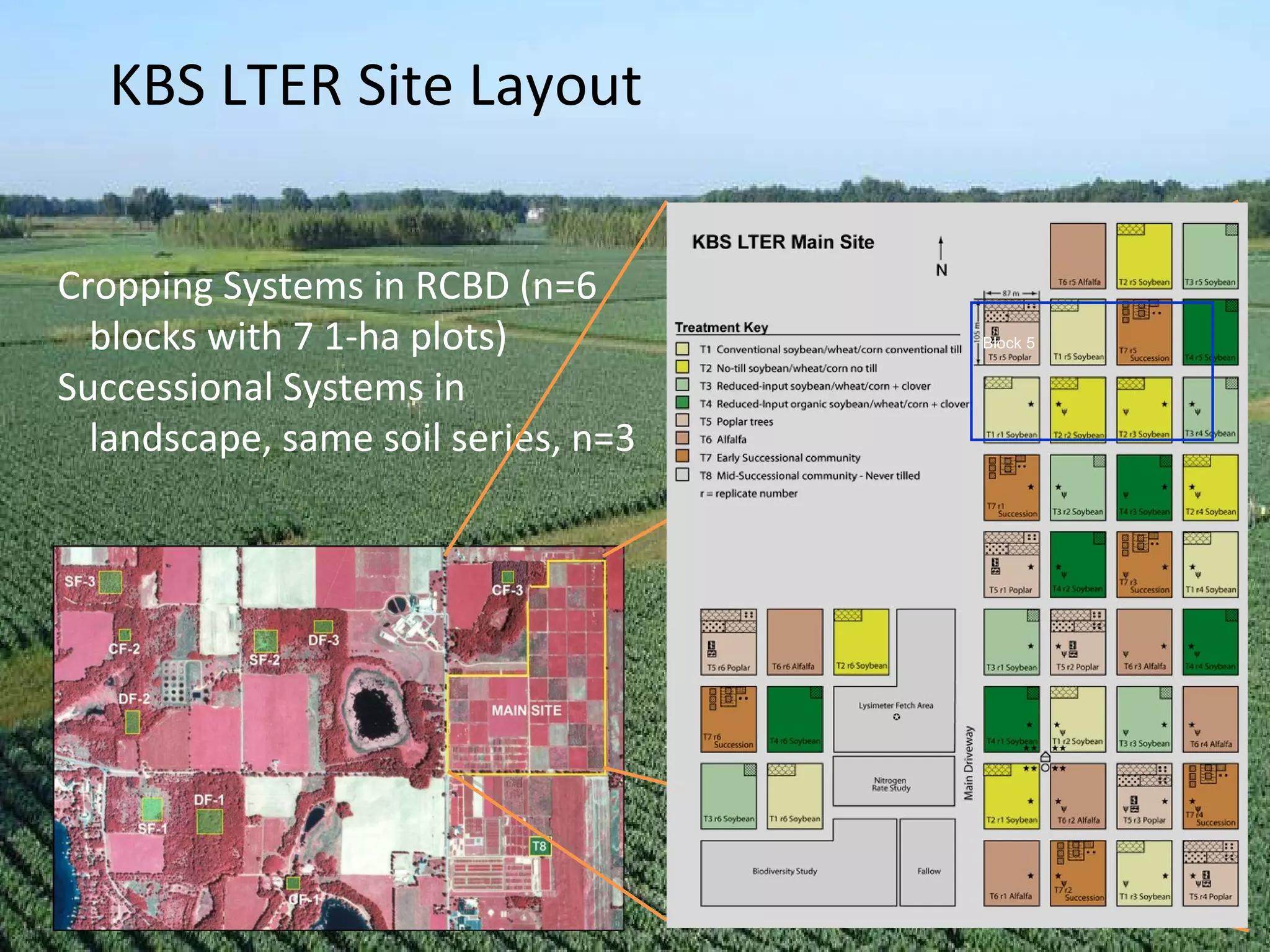 KBS LTER Site Layout Cropping Systems in RCBD (n=6 blocks with 7 1-ha plots) Successional Systems in  landscape, same soil series, n=3 Block 5 