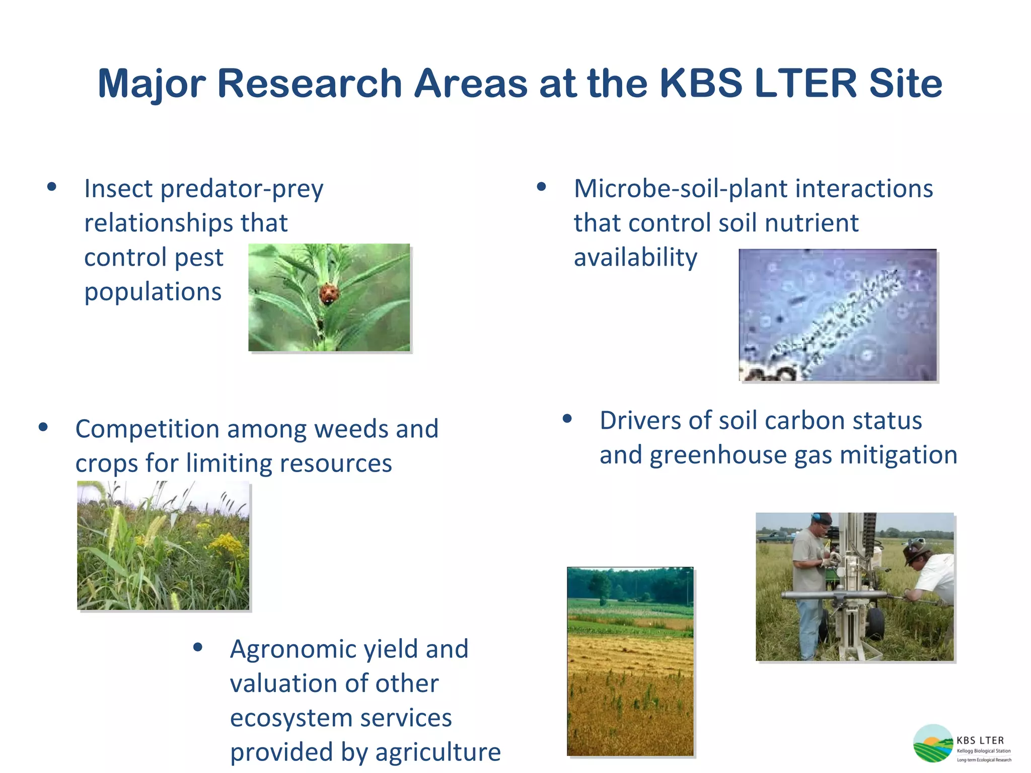 Major Research Areas at the KBS LTER Site Microbe-soil-plant interactions that control soil nutrient availability Insect predator-prey relationships that control pest populations Competition among weeds and crops for limiting resources Drivers of soil carbon status and greenhouse gas mitigation Agronomic yield and valuation of other  ecosystem services provided by agriculture 