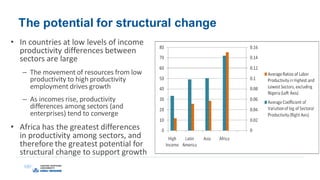 The potential for structural change
• In countries at low levels of income
productivity differences between
sectors are large
– The movement of resources from low
productivity to high productivity
employment drives growth
– As incomes rise, productivity
differences among sectors (and
enterprises) tend to converge
• Africa has the greatest differences
in productivity among sectors, and
therefore the greatest potential for
structural change to support growth
 