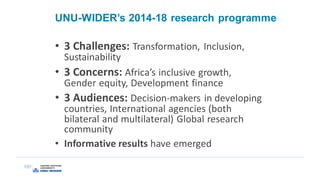 UNU-WIDER’s 2014-18 research programme
• 3 Challenges: Transformation, Inclusion,
Sustainability
• 3 Concerns: Africa’s inclusive growth,
Gender equity, Development finance
• 3 Audiences: Decision-makers in developing
countries, International agencies (both
bilateral and multilateral) Global research
community
• Informative results have emerged
 