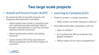 Two large scale projects
• Growth and Poverty Project (GAPP)
• Re-examined Africa’s growth, poverty and
inequality developments and asked:
– What explains the trends in monetary and
non-monetary poverty and their links to
growth and inequality in 16 of the 24 most
populous African countries?
– What should policy makers do looking
forward?
– Covers almost 75% of the Sub-Saharan
African population and 9 of the largest10
countries.
• Learning to Compete (L2C)
• Tried to answer a simple question:
– Why is there so little industry in Africa?
• And addressed other questions such as:
– Does it matter?
– Is it realistic for Africa to break into
global markets?
– What makes firms more competitive?
 