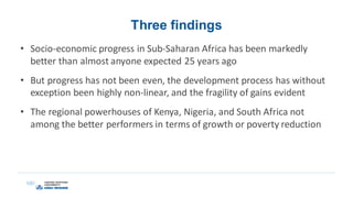 Three findings
• Socio-economic progress in Sub-Saharan Africa has been markedly
better than almost anyone expected 25 years ago
• But progress has not been even, the development process has without
exception been highly non-linear, and the fragility of gains evident
• The regional powerhouses of Kenya, Nigeria, and South Africa not
among the better performers in terms of growth or poverty reduction
 