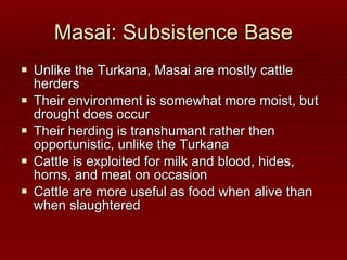 Masai: Subsistence Base Unlike the Turkana, Masai are mostly cattle herders Their environment is somewhat more moist, but drought does occur Their herding is transhumant rather then opportunistic, unlike the Turkana Cattle is exploited for milk and blood, hides, horns, and meat on occasion Cattle are more useful as food when alive than when slaughtered 