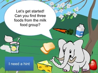 Let’s get started!
   Can you find three
   foods from the milk
      food group?




I need a hint
 