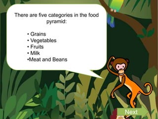 There are five categories in the food
              pyramid:

     • Grains
     • Vegetables
     • Fruits
     • Milk
     •Meat and Beans




                                        Next
 