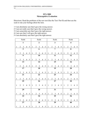 FOCUS ON COLLEGES, UNIVERSITIES, AND SCHOOLS
14____________________________________________________________________________________



                                          EPA 2000
                                    Metacognitive Evaluation

Directions: Read the problems of the new test (See the Test: Part II) and then use the
scale to rate your feelings about the item.

1=I am absolutely sure that I gave the wrong answer.
2=I am not really sure that I gave the wrong answer.
3=I am somewhat sure that I gave the right answer.
4=I am sure that I will gave the right answer.
5=I am absolutely sure that I gave the right answer.

            Scale                   Scale                   Scale                   Scale
             1                        2                      3                       4

   1    2    3      4   5   1   2     3     4   5   1   2    3      4   5   1   2    3      4   5
             5                        6                      7                       8

   1    2    3      4   5   1   2     3     4   5   1   2     3     4   5   1   2     3     4   5
             9                       10                      11                      12

   1    2     3     4   5   1   2     3     4   5   1   2     3     4   5   1   2     3     4   5
             13                      14                      15                      16

   1    2     3     4   5   1   2     3     4   5   1   2     3     4   5   1   2     3     4   5
             17                      18                      19                      20

   1    2     3     4   5   1   2     3     4   5   1   2     3     4   5   1   2     3     4   5
             21                      22                      23                      24

   1    2     3     4   5   1   2     3     4   5   1   2     3     4   5   1   2     3     4   5
             25                      26                      27                      28

   1    2     3     4   5   1   2     3     4   5   1   2     3     4   5   1   2     3     4   5

             29                      30                      31                      32

   1    2     3     4   5   1   2     3     4   5   1   2     3     4   5   1   2     3     4   5
             33                      34                      35                      36

   1    2     3     4   5   1   2     3     4   5   1   2     3     4   5   1   2     3     4   5
             37                      38                      39                      40

   1    2     3     4   5   1   2     3     4   5   1   2     3     4   5   1   2     3     4   5
 