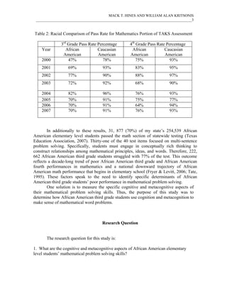 MACK T. HINES AND WILLIAM ALAN KRITSONIS
 ____________________________________________________________________________________3


Table 2: Racial Comparison of Pass Rate for Mathematics Portion of TAKS Assessment

               3rd Grade Pass Rate Percentage       4th Grade Pass Rate Percentage
    Year          African          Caucasian         African           Caucasian
                American           American         American           American
    2000           47%                78%               75%               93%
    2001           69%                 93%            83%                95%
    2002           77%                 90%            88%                97%
    2003           72%                 92%            68%                90%

    2004           82%                 96%            76%                93%
    2005           70%                 91%            75%                77%
    2006           70%                 91%            64%                94%
    2007           70%                 91%            76%                93%



        In additionally to these results, 31, 877 (70%) of my state’s 254,539 African
American elementary level students passed the math section of statewide testing (Texas
Education Association, 2007). Thirty-one of the 40 test items focused on multi-sentence
problem solving. Specifically, students must engage in conceptually rich thinking to
construct relationships among mathematical principles, ideas, and words. Therefore, 222,
662 African American third grade students struggled with 77% of the test. This outcome
reflects a decade-long trend of poor African American third grade and African American
fourth performances in mathematics and a national downward trajectory of African
American math performance that begins in elementary school (Fryer & Levitt, 2006; Tate,
1995). These factors speak to the need to identify specific determinants of African
American third grade students’ poor performance in mathematical problem solving.
        One solution is to measure the specific cognitive and metacognitive aspects of
their mathematical problem solving skills. Thus, the purpose of this study was to
determine how African American third grade students use cognition and metacognition to
make sense of mathematical word problems.



                                       Research Question


       The research question for this study is:

1. What are the cognitive and metacognitive aspects of African American elementary
level students’ mathematical problem solving skills?
 