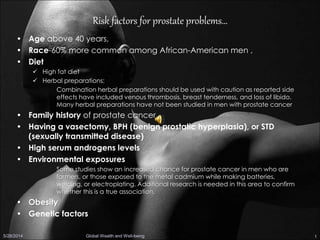 5/28/2014 Global Wealth and Well-being 1
Risk factors for prostate problems…
• Age above 40 years,
• Race-60% more common among African-American men ,
• Diet
 High fat diet
 Herbal preparations:
Combination herbal preparations should be used with caution as reported side
effects have included venous thrombosis, breast tenderness, and loss of libido.
Many herbal preparations have not been studied in men with prostate cancer
• Family history of prostate cancer,
• Having a vasectomy, BPH (benign prostatic hyperplasia), or STD
(sexually transmitted disease)
• High serum androgens levels
• Environmental exposures
Some studies show an increased chance for prostate cancer in men who are
farmers, or those exposed to the metal cadmium while making batteries,
welding, or electroplating. Additional research is needed in this area to confirm
whether this is a true association.
• Obesity
• Genetic factors
 