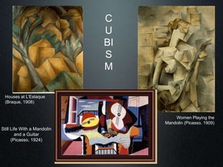Women Playing the
Mandolin (Picasso, 1909)
Houses at L’Estaque
(Braque, 1908)
Still Life With a Mandolin
and a Guitar
(Picasso, 1924)
C
U
BI
S
M
 