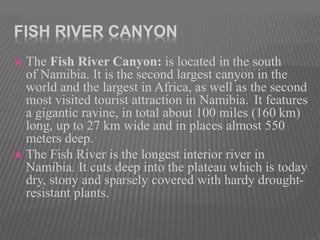 FISH RIVER CANYON
 The Fish River Canyon: is located in the south
of Namibia. It is the second largest canyon in the
world and the largest in Africa, as well as the second
most visited tourist attraction in Namibia. It features
a gigantic ravine, in total about 100 miles (160 km)
long, up to 27 km wide and in places almost 550
meters deep.
 The Fish River is the longest interior river in
Namibia. It cuts deep into the plateau which is today
dry, stony and sparsely covered with hardy drought-
resistant plants.
 
