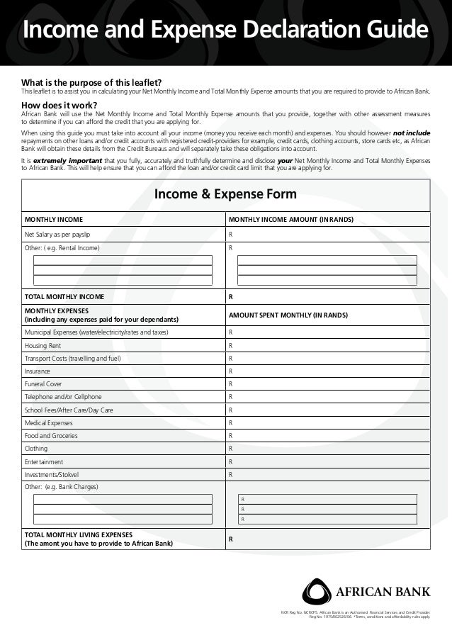 african bank income and expense form monthly income and expenses