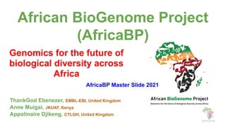 African BioGenome Project
(AfricaBP)
Genomics for the future of
biological diversity across
Africa
ThankGod Ebenezer, EMBL-EBI, United Kingdom
Anne Muigai, JKUAT, Kenya
Appolinaire Djikeng, CTLGH, United Kingdom
AfricaBP Master Slide 2021
 