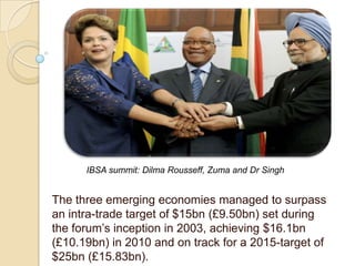 IBSA summit: Dilma Rousseff, Zuma and Dr Singh


The three emerging economies managed to surpass
an intra-trade target of $15bn (£9.50bn) set during
the forum’s inception in 2003, achieving $16.1bn
(£10.19bn) in 2010 and on track for a 2015-target of
$25bn (£15.83bn).
 
