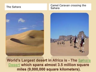 Camel Caravan crossing the
The Sahara               Sahara




World’s Largest desert in Africa is - The Sahara
Desert which spans almost 3.5 million square
     miles (9,000,000 square kilometers).
 