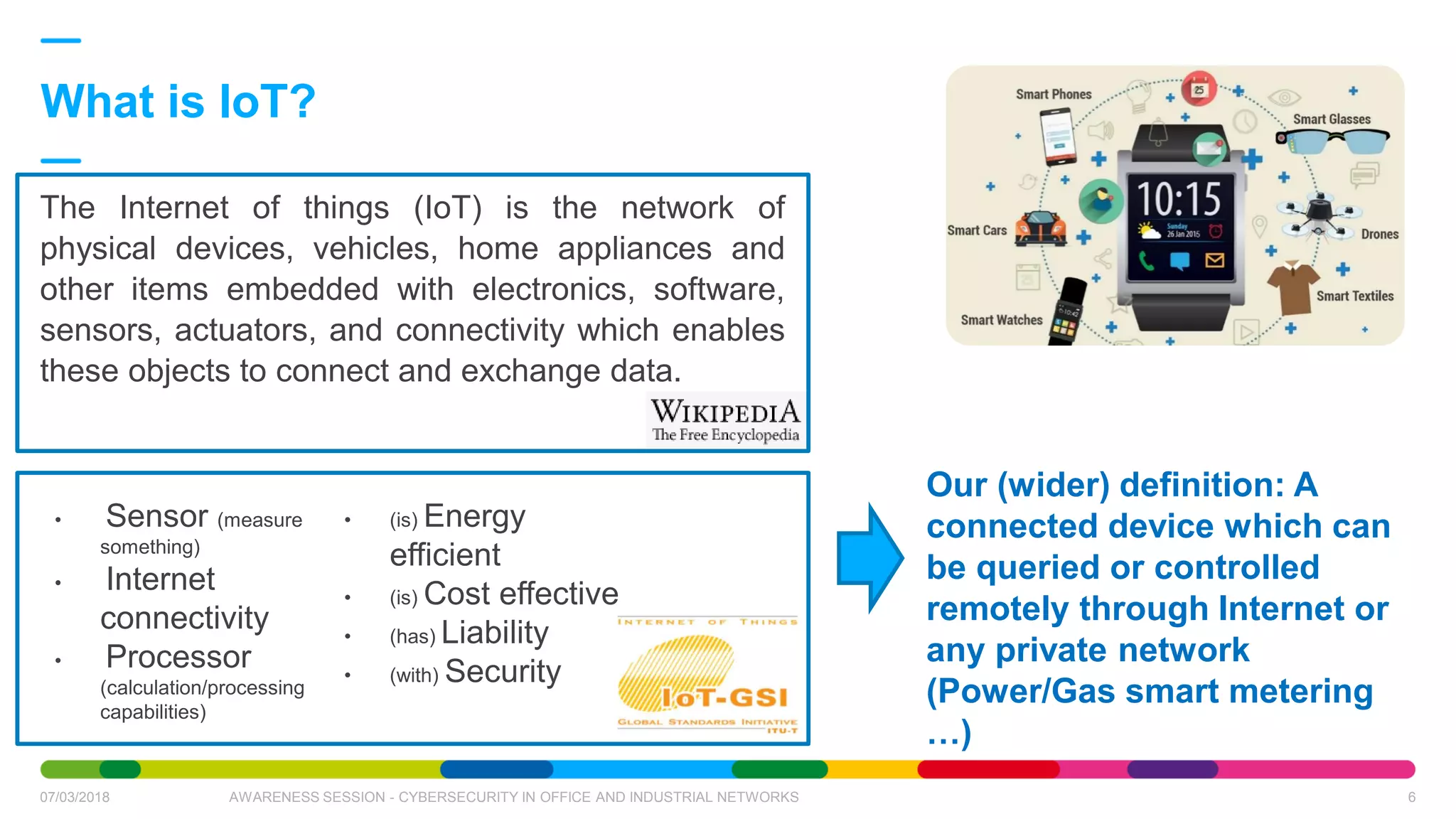 The Internet of things (IoT) is the network of
physical devices, vehicles, home appliances and
other items embedded with electronics, software,
sensors, actuators, and connectivity which enables
these objects to connect and exchange data.
What is IoT?
07/03/2018 AWARENESS SESSION - CYBERSECURITY IN OFFICE AND INDUSTRIAL NETWORKS 6
• Sensor (measure
something)
• Internet
connectivity
• Processor
(calculation/processing
capabilities)
• (is) Energy
efficient
• (is) Cost effective
• (has) Liability
• (with) Security
Our (wider) definition: A
connected device which can
be queried or controlled
remotely through Internet or
any private network
(Power/Gas smart metering
…)
 