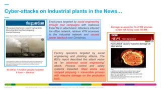 Cyber-attacks on Industrial plants in the News…
00/00/2015 PRESENTATION TITLE ( FOOTER CAN BE PERSONALIZED AS FOLLOW: INSERT / HEADER AND FOOTER") 17
Employees targeted by social engineering
through mail campaigns with malicious
Excel file in attachment. Attackers infected
the office network, retrieve VPN accesses
to the industrial network and caused
power blackout over Christmas.
Factory operators targeted by social
engineering and phishing attacks. The
BSI’s report described this attack vector
as “an advanced social engineering”
attack. Process control and safety
systems impacted. Steel works was
stopped (stopping = irreversible process
with massive damage on the production
tool).
80,000 to 1.4 million people impacted.
6 hours – blackout.
Damages evaluated to 10-20 M€ whereas
a steel mill factory costs 100 M€.
 