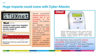 Huge impacts could come with Cyber Attacks
Oct. 6th 2017 Strategy Expedition - APAC - Singapore - Awareness session 18
Two researchers have proved the extreme
vulnerability of the Spanish smart meters
provided by "M**** and M***" that equip ENDESA.
Black-Out risks, usurpation, fraud, targeted
maliciousness to a given meter ...
Stuxnet successfully
infected machines in a
network that is not
connected to the
Internet. The malware
spread
by infecting other
computers on the local
network or via USB
keys until it reached
OT workstations
The virus modified the
engineering
workstation and
exploited 4 unknown
critical vulnerabilities
affecting Windows OS.
 