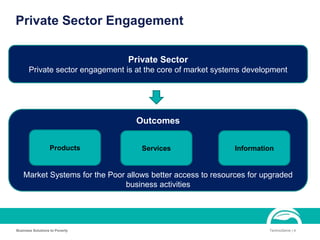 Private Sector Engagement
Business Solutions to Poverty TechnoServe | 4
Private Sector
Private sector engagement is at the core of market systems development
Outcomes
Products Services Information
Market Systems for the Poor allows better access to resources for upgraded
business activities
 