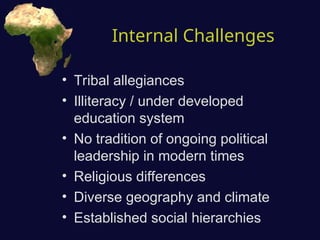 Internal Challenges
• Tribal allegiances
• Illiteracy / under developed
education system
• No tradition of ongoing political
leadership in modern times
• Religious differences
• Diverse geography and climate
• Established social hierarchies
 