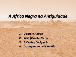 A África Negra na Antiguidade


     1.   O Egipto Antigo
     2.   Kush (Cuxe) e Méroe
     3.   A Civilização Egípcia
     4.   Os Negros do Vale do Nilo
 