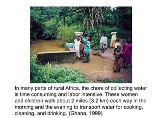In many parts of rural Africa, the chore of collecting water
is time consuming and labor intensive. These women
and children walk about 2 miles (3.2 km) each way in the
morning and the evening to transport water for cooking,
cleaning, and drinking. (Ghana, 1999)
 