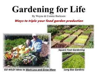 Gardening for Life
                      By Wayne & Connie Burleson
        Ways to triple your food garden production




                                            Square Foot Gardening




GO WILD! Ideas to Work Less and Grow More       Long Box Gardens
 