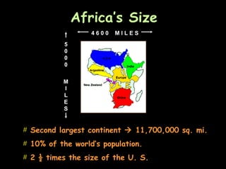 Africa’s Size Second largest continent    11,700,000 sq. mi. 10% of the world’s population. 2 ½ times the size of the U. S. 5 0 0 0 M I L E S 4 6 0 0  M I L E S 