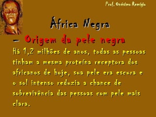 África NegraÁfrica Negra
–– Origem da pele negraOrigem da pele negra
Há 1,2 milhões de anos, todas as pessoasHá 1,2 milhões de anos, todas as pessoas
tinham a mesma proteína receptora dostinham a mesma proteína receptora dos
africanos de hoje, sua pele era escura eafricanos de hoje, sua pele era escura e
o sol intenso reduzia a chance deo sol intenso reduzia a chance de
sobrevivência das pessoas com pele maissobrevivência das pessoas com pele mais
clara.clara.
 