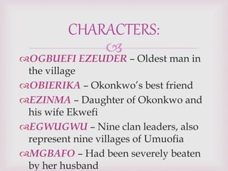 
OGBUEFI EZEUDER – Oldest man in
the village
OBIERIKA – Okonkwo’s best friend
EZINMA – Daughter of Okonkwo and
his wife Ekwefi
EGWUGWU – Nine clan leaders, also
represent nine villages of Umuofia
MGBAFO – Had been severely beaten
by her husband
CHARACTERS:
 