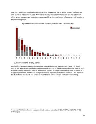 operators yet to launch mobile broadband services; for example the 3G tender process in Algeria was
only launched in September 2011. Mobile broadband penetration remains very low in sub-Saharan
Africa where operators are yet to launch extensive 3G services and limited infrastructure still remains a
key barrier to growth.
                                                                                                                                           16
                     Figure 10: Estimated fixed and mobile broadband penetration in the A25 countries (%)

       7.5                                                                                                                                 Mobile broadband
                                                                                                                                           Fixed broadband




             4.6
       6.0         4.3




                         2.9
                   2.8
                               2.5   2.4
             4.6
                         1.7         0.7
                                           1.6

                               2.5               1.1   1.1
                                                             0.9   0.8
       1.5         1.5               1.7   1.5         0.5
                         1.2                     1.1               0.6   0.4   0.4   0.3
                                                             0.9                           0.3
                                                       0.6                                       0.2   0.1   0.1   0.1   0.1   0.1   0.0     0.0   0.0   0.0




                                                                                                                               UGA
                                                 NGA




                                                                   GHA




                                                                                                                                             ETH




                                                                                                                                                         COD
                                                                                                       TZA




                                                                                                                   BUR
                                                                               MOZ
                                                             KEN




                                                                         SDN




                                                                                           BEN
                                                       SEN
                         LBY

                               ALG
       ZAF

             TUN




                                                                                                 CMR
                   MAR




                                                                                                             MAD
                                                                                     ZIM




                                                                                                                         ZAM
                                           AGO
                                     EGY




                                                                                                                                                   MLI
                                                                                                                                     CIV
     3.2. Revenue and pricing trends
Across Africa, voice services dominate mobile usage and operator revenues (see Figure 11). South
African and Nigerian voice services represented 85% and 93% of operator revenues respectively in 2010.
However, the uptake of data services is increasing rapidly. In Kenya, data revenues have increased at a
staggering 67% CAGR over the last four years and now represent 26% of total revenues. This trend can
be attributed to the launch and uptake of 3G and Value-Added Services such as mobile banking.




16
  Informa, ITU, EIU, A.T. Kearney analysis (mobile broadband is based on W-CDMA HSPA and CDMA1x EV-DO
technologies)

                                                                                                                                                               16
 