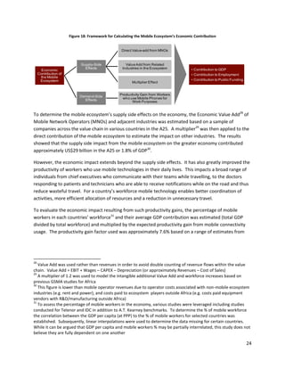 Figure 18: Framework for Calculating the Mobile Ecosystem’s Economic Contribution


                                                    Direct Value-add from MNOs



                             Supply-Side              Value Add from Related
                               Effects              Industries in the Ecosystem           • Contribution to GDP
       Economic
     Contribution of                                                                      • Contribution to Employment
      the Mobile
      Ecosystem                                                                           • Contribution to Public Funding
                                                          Multiplier Effect


                                                   Productivity Gain from Workers
                            Demand-Side
                                                    who use Mobile Phones for
                              Effects                     Work Purposes


To determine the mobile ecosystem’s supply side effects on the economy, the Economic Value Add28 of
Mobile Network Operators (MNOs) and adjacent industries was estimated based on a sample of
companies across the value chain in various countries in the A25. A multiplier29 was then applied to the
direct contribution of the mobile ecosystem to estimate the impact on other industries. The results
showed that the supply side impact from the mobile ecosystem on the greater economy contributed
approximately US$29 billion in the A25 or 1.8% of GDP30.

However, the economic impact extends beyond the supply side effects. It has also greatly improved the
productivity of workers who use mobile technologies in their daily lives. This impacts a broad range of
individuals from chief executives who communicate with their teams while travelling, to the doctors
responding to patients and technicians who are able to receive notifications while on the road and thus
reduce wasteful travel. For a country’s workforce mobile technology enables better coordination of
activities, more efficient allocation of resources and a reduction in unnecessary travel.

To evaluate the economic impact resulting from such productivity gains, the percentage of mobile
workers in each countries’ workforce31 and their average GDP contribution was estimated (total GDP
divided by total workforce) and multiplied by the expected productivity gain from mobile connectivity
usage. The productivity gain factor used was approximately 7.6% based on a range of estimates from




28
   Value Add was used rather than revenues in order to avoid double counting of revenue flows within the value
chain. Value Add = EBIT + Wages – CAPEX – Depreciation (or approximately Revenues – Cost of Sales)
29
   A multiplier of 1.2 was used to model the intangible additional Value Add and workforce increases based on
previous GSMA studies for Africa
30
   This figure is lower than mobile operator revenues due to operator costs associated with non-mobile ecosystem
industries (e.g. rent and power), and costs paid to ecosystem players outside Africa (e.g. costs paid equipment
vendors with R&D/manufacturing outside Africa)
31
   To assess the percentage of mobile workers in the economy, various studies were leveraged including studies
conducted for Telenor and IDC in addition to A.T. Kearney benchmarks. To determine the % of mobile workforce
the correlation between the GDP per capita (at PPP) to the % of mobile workers for selected countries was
established. Subsequently, linear interpolations were used to determine the data missing for certain countries.
While it can be argued that GDP per capita and mobile workers % may be partially interrelated, this study does not
believe they are fully dependent on one another

                                                                                                                             24
 
