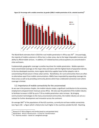 41
     Figure 23: Percentage with a mobile connection, by gender (2008, % mobile penetration of 16+, selected countries)

                  82%



                    71%

                            65%                                                                                                        Male
                                          62%
                          58%
                                  60%
                                    59%     58% 58%             58%                                                                    Female
                                                                                56%
                                                        54%
                                                  49%
                                                          46%
                                                                        43%
                                                                          40%             40%
                                                                  37%                           38%
                                                                                        34%                       33%
                                                                                                        28%                     29%
                                                                                  27%                                   27%
                                                                                                          25%
                                                                                                  21%           22%
                                                                                                                          18%
                                                                                                                                  13% 12%
                                                                                                                                        8%
                                                                                                                                              4% 3%




The World Bank estimates that in 2010 the rural mobile penetration in Africa was 3%42. Unsurprisingly,
the majority of mobile customers in Africa live in urban areas, due to the larger disposable incomes and
ability to afford mobile services. In addition, ICT related business and occupations are concentrated in
cities and towns.

Fundamentally, geographic coverage is another key driver for mobile penetration. Mobile operators
have concentrated coverage on the major cities and towns with the highest levels of population density.
In the less developed countries, more regular electricity supplies have further played a role in
concentrating infrastructure in these urban centres. Nonetheless, for rural communities there are often
no alternatives apart from mobile communications. MNOs have responded by expanding coverage into
these areas as well as by providing community phones which have a dedicated connection even where
coverage is limited.

     5.2. Importance of mobile connectivity for the unconnected
As we saw in the previous chapter, the mobile industry makes a significant contribution to the economy,
employment and government revenues across Africa. We also saw the potential of the mobile industry
to facilitate increases in GDP by up to 7.5% as mobile penetration rates increase. By bringing
communication technologies to the many unconnected communities, the mobile industry can act as a
catalyst for further development and innovation across the continent.

On average 36%43 of the populations of the A25 countries, currently do not have mobile connectivity
(see Figure 24) – a figure which is likely to be much higher in the countries outside the A25. Reaching


41
   Research ICT Africa (Nigeria and Zambia based on extrapolated data)
42
   World Bank - Africa’s Infrastructure - A Time for Transformation
43
   A.T. Kearney analysis – based on a weighted average

                                                                                                                                                           30
 