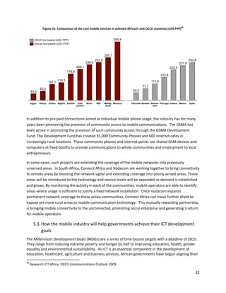 46
               Figure 25: Comparison of the cost mobile services in selected Africa25 and OECD countries (US$ PPP)


        OECD low basket (USD PPP)                                               390.4
        Af rican low basket (USD PPP)



                                                                        285.1
                                                                252.8                                                                     250.8
                                                        238.0                                                                    231.8
                                             208.1                                                                       202.5
                                     176.9
                                                                                                                 153.8
                             118.1                                                                       111.0
                     107.1
                                                                                                  77.7
             63.0
     43.6                                                                                 50.3



     Egypt   Kenya   Ghana Algeria Zambia     Cote      Benin    Mali   Madag- Morocco   Denmark Sweden Switzer- Portugal Greece Mexico   Spain
                                             d’Ivoire                    ascar                           land




In addition to pre-paid connections aimed at individual mobile phone usage, the industry has for many
years been pioneering the provision of community access to mobile communications. The GSMA has
been active in promoting the provision of such community access through the GSMA Development
Fund. The Development Fund has created 35,000 Community Phones and 600 internet cafes in
increasingly rural locations. These community phones and internet points use shared GSM devices and
computers at fixed booths to provide communications to whole communities and employment to local
entrepreneurs.

In some cases, such projects are extending the coverage of the mobile networks into previously
unserved areas. In South Africa, Connect Africa and Vodacom are working together to bring connectivity
to remote areas by boosting the network signal and extending coverage into poorly served areas. These
areas will be introduced to the technology and service levels will be expanded as demand is established
and grows. By monitoring the activity in each of the communities, mobile operators are able to identify
areas where usage is sufficient to justify a fixed network installation. Once Vodacom expands
permanent network coverage to these active communities, Connect Africa can move further afield to
expose yet more rural areas to mobile communication technology. This mutually rewarding partnership
is bringing mobile connectivity to the unconnected, promoting social enterprise and generating a return
for mobile operators.

       5.3. How the mobile industry will help governments achieve their ICT development
            goals
The Millennium Development Goals (MDGs) are a series of time-bound targets with a deadline of 2015.
They range from reducing extreme poverty and hunger by half to improving education, health, gender
equality and environmental sustainability. As ICT is an essential component in the development of
education, healthcare, agriculture and business services, African governments have begun aligning their

46
     Research ICT Africa, OECD Communications Outlook 2009

                                                                                                                                                  32
 
