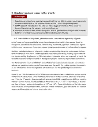 9. Regulatory enablers to spur further growth
   Key Messages

  • Regulation practices have recently improved in Africa, but 64% of African countries remain
    in the bottom quartile in the World Economic Forum’s political/regulatory index
  • GSMA research indicates that the total tax intake by governments in Africa could be
    boosted by reducing the tax rates on the mobile sector
  • Universal access has been promoted by most African governments using taxation schemes,
    but there is limited transparency around the redistribution of funds

    9.1. The need for transparent, predictable and consultative regulatory regimes
A chief concern of operators globally, is that the regulatory regime in which they operate should be
transparent, predictable and consultative. When making investments, operators seek to avoid regimes
exhibiting poor transparency, favouritism, opaque foreign ownership rules, or inefficient legal processes.

Decisions made by regulators or other policy makers can potentially change the business case for long-
term investment at short notice. Mobile operators are currently considering investing significant funds
into licences and the development of LTE infrastructure. In deciding where and how much to invest, the
level of transparency and predictability in the regulatory regime are clearly important decision criteria.

The World Economic Forum and INSEAD’s annual Networked Readiness Index evaluates and ranks the
political and regulatory environment of countries around the world. The ranking considers factors such
as: the effectiveness of law-making bodies, ICT-related laws and the speed and process to enforce
contracts.

Figure 32 and Table 2 shows that 64% of African countries evaluated were ranked in the bottom quartile
of the index of 138 countries. Africa had no countries ranked in the 1st quartile, 10% in the 2nd quartile
and 27% in the 3rd quartile. On a country level, rankings (out of 138) ranged from the 3 African countries
in the 2nd quartile: Tunisia, Mauritius and South Africa ranked 35th, 47th and 61st respectively, to Burundi
and Chad at the very bottom of the rankings at 137th and 138th. Those at the bottom of the index share
several features: overregulated markets, inefficient political frameworks, poor educational and research
systems, and low mobile and internet penetration rates.




                                                                                                         51
 