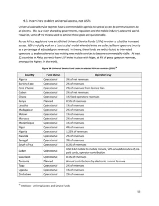 9.3. Incentives to drive universal access, not USFs
Universal Access/Service regimes have a commendable agenda; to spread access to communications to
all citizens. This is a vision shared by governments, regulators and the mobile industry across the world.
However, some of the means used to achieve these goals are questionable.

Across Africa, regulators have established Universal Service Funds (USFs) in order to subsidise increased
access. USFs typically work on a ‘pay to play’ model whereby levies are collected from operators (mostly
as a percentage of adjusted gross revenue). In theory, these funds are redistributed to interested
operators to enable otherwise loss-making new mobile services to become commercially viable. At least
22 countries in Africa currently have USF levies in place with Niger, at 4% of gross operator revenues,
amongst the highest in the world.
                                                                                                        78
                        Figure 34: Universal Service Fund Levies in selected African countries (2009)

        Country             Fund status                                        Operator levy
Algeria                   Operational            3% of net revenues
Burkina Faso              Operational            2% of revenues
Cote d’Ivoire             Operational            2% of revenues from licence fees
Gabon                     Operational            2% of net revenues
Ghana                     Operational            1% fixed operators revenues
Kenya                     Planned                0.5% of revenues
Lesotho                   Operational            1% of revenues
Madagascar                Operational            2% of revenues
Malawi                    Operational            1% of revenues
Morocco                   Operational            2% of revenues
Mozambique                Operational            1% of revenues
Niger                     Operational            4% of revenues
Nigeria                   Operational            1.25% of revenues
Rwanda                    Operational            2% of revenues
Senegal                   Operational            3% of revenues
South Africa              Operational            0.2% of revenues
                                                 USD 0.42 mobile to mobile minute, 50% unused minutes of pre-
Sudan                     Operational
                                                 paid cards, operator contribution
Swaziland                 Operational            0.1% of revenues
Tanzania                  Planned                Annual contributions by electronic comms licensee
Togo                      Operational            2% of revenues
Uganda                    Operational            1% of revenues
Zimbabwe                  Operational            2% of revenues


78
     Intelecon - Universal Access and Service Funds

                                                                                                             55
 