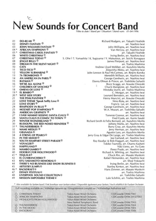 ew Sounds for Concert a dTitles to date I Stand per I Situation I Stand vom: 01-04-1996
01 DO-RE-MI @ Richard Rodgers, arr. Takashi Hoshide
02 DISNEY FANTASY@ arr. Naohiro lwai
03 JOHN WILLIAMS FANTASY ® John Williams, arr. Naohiro lwai
04 * AFRICAN SYMPHONY ® Van McCoy, arr. Naohiro lwai
05 * CHRISTMAS CAROL FANTASY ® arr. Takashi Hoshide
06 WHITE CHRISTMAS ® lrving Berlin, arr. Naohiro lwai
07 CHRISTMAS TODAY@ S. Ohe IT. Yamashita I K. Sugiyama I Y. Matsutoya, arr. Soichi Konagaya
08 JINGLE BELLS ® James Pierpont, arr. Naohiro lwai
09 DREAM IN THE SILENT NICHT® arr. Toshio Mashima
10 CATS Andrew Lloyd Webber, arr. Kazuhiro Morita
11 TICO-TICO ® Zequinha Abreu, arr. Naohiro lwai
12 YELLOW SUBMARINE@ john Lennon & Paul McCartney, arr. Reijiro Koroka
13 76 TROMBONES @ Meredith Willson, arr. Naohiro lwai
14 AN AMERICAN IN PARIS@ George Gershwin, arr. Naohiro lwai
15 BATMAN@ Danny Elfman & Prince, arr. Toshihiko Sahashi
16 WE' RE ALL ALONE ® Bozz Scaggs, arr. Kosuke Onozaki
17 CHILDREN OF SANCHEZ ® Chuck Mangione, arr. Naohiro lwai
18 OMENSOF LOVE ® Hirotaka lzumi, arr. Toshio Mashima
19 * EL BIMBO® C. Morgan, arr. Naohiro lwai
20 * WEST SIDE STORY Leonard Bernstein, arr. Naohiro lwai
21 THE PINK PANTHER ® Henry Mancini, arr. Kosuke Onozaki
22 LOVE THEME "Speak Softly love® Nino Rota, arr. Naohiro lwai
23 LOVE STORY® Francis Lai, arr. Naohiro lwai
24 RHAPSODY IN BLUE ® George Gershwin, arr. Naohiro lwai
25 MOZART POP SYMPHONY ® W.A. Mozart, arr. Toshihiko Sahashi
26 AMERICAN GRAPHITY ® arr. Naohiro lwai
27 I SAW MAMMY KISSING SANTA CLAUS® Tommie Connor, arr. Naohiro lwai
28 SANTA CLAUS IS COMIN' TO TOWN@ Fred Coots, arr. Kunio Sasaki
29 WINTER WONDERLAND® . Richard Smith & Felix Bernard, arr. Kazuhiro Morita
30 RUDOLPH, THE RED-NOSED REINDEER ® johnny Marks, arr. Naohiro lwai
31 * THUNDERBIRDS ® Barry Gray, arr. Kazuhiro Morita
32 MAME MEDLEY® jerry Herman, arr. Naohiro lwai
33 GRANADA ® Agustin Lara, arr. Kazuhiro Morita
34 A STRING OF PEARLS® jerry Gray & Edgar De Lange, arr. Toshio Mashima
35 . IN THE MOOD® Joe Garland, arr. Naohiro lwai
36 SOUTH RAMPART STREEl PARADE® Ray Bauduc & Bob Haggart, arr. Naohiro lwai
37 VOYAGER® Tokiko Tsunoda, arr. Osamu Kajitani
38 HAPPYLAND® Yûki Ueno, arr. Yo Goto
39 MAMBO JAMBO® Perez Prado, arr. Naohiro lwai
40 HOORAY FOR HOLLYWOOD® Richard A. Whiting, arr. Naohiro lwai
41 * TEQUILA® Chuck Rio, arr. Masato Myokoin
42 EL CUMBANCHERO ® Rafael Hernandez, arr. Naohiro lwai
43 KYU SAKAMOTO MEMORIAL® arr. Shoji Yokouchi
44 THERE'S NO BUSINESS LIKE SHOW BUSINESS® lrving Berlin, arr. Naohiro lwai
45 ARTISTRY JUMPS@ Stanley Kenton, arr. Naohiro lwai
46 * BACKDRAFT® Hans Zimmer, arr. Masato Myokoin
47 DISNEY FESTIVAL® arr. Toshio Mashima
48 LIVERPOOL SOUND COLLECTION® arr. Toshihiko Sahashi
49 MISSION IMPOSSIBLE THEME® Lala Schifrin, arr. Toshio Mashirna
 